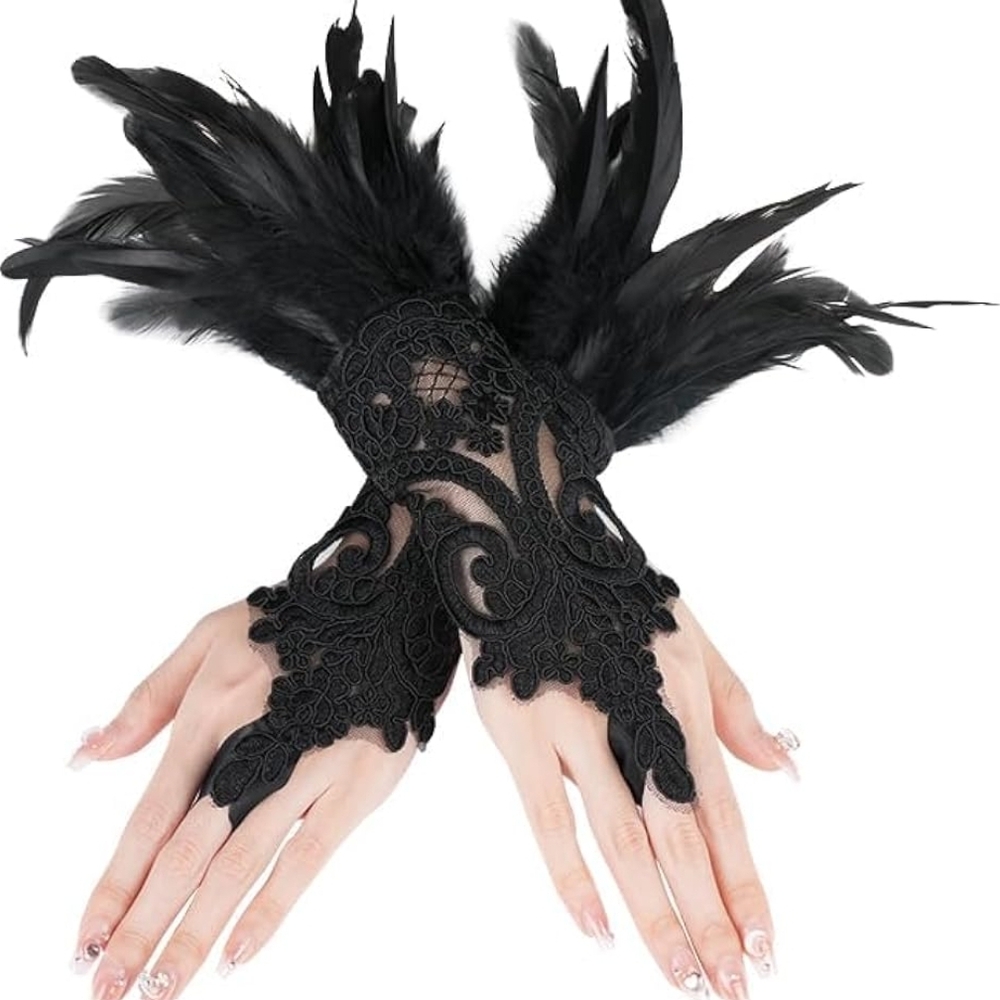 Elegant Black Feather Lace Gloves